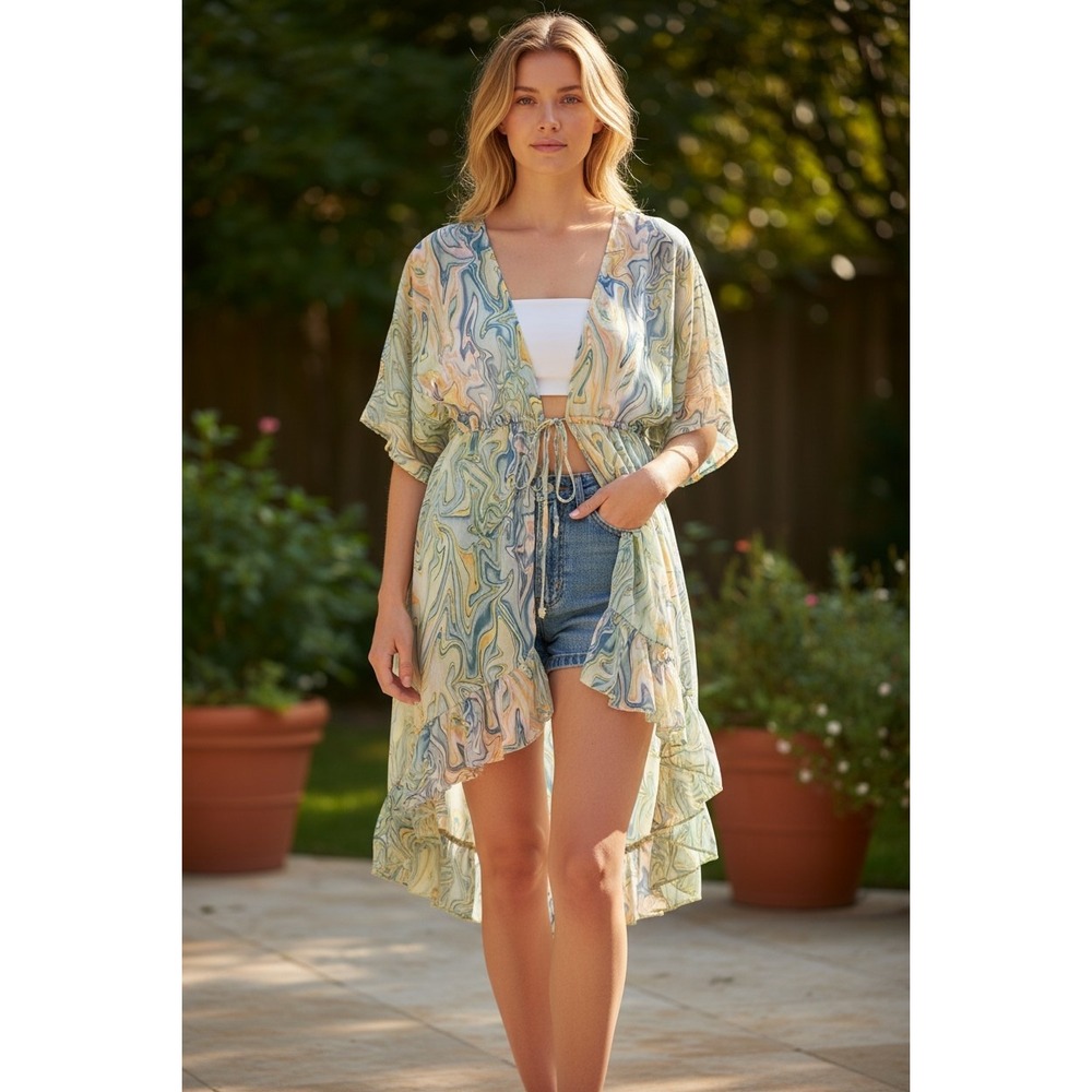 Dizzire Marble Swirl Kimono Tie Waist High Low Ruffle Cover Up Green Blue Medium